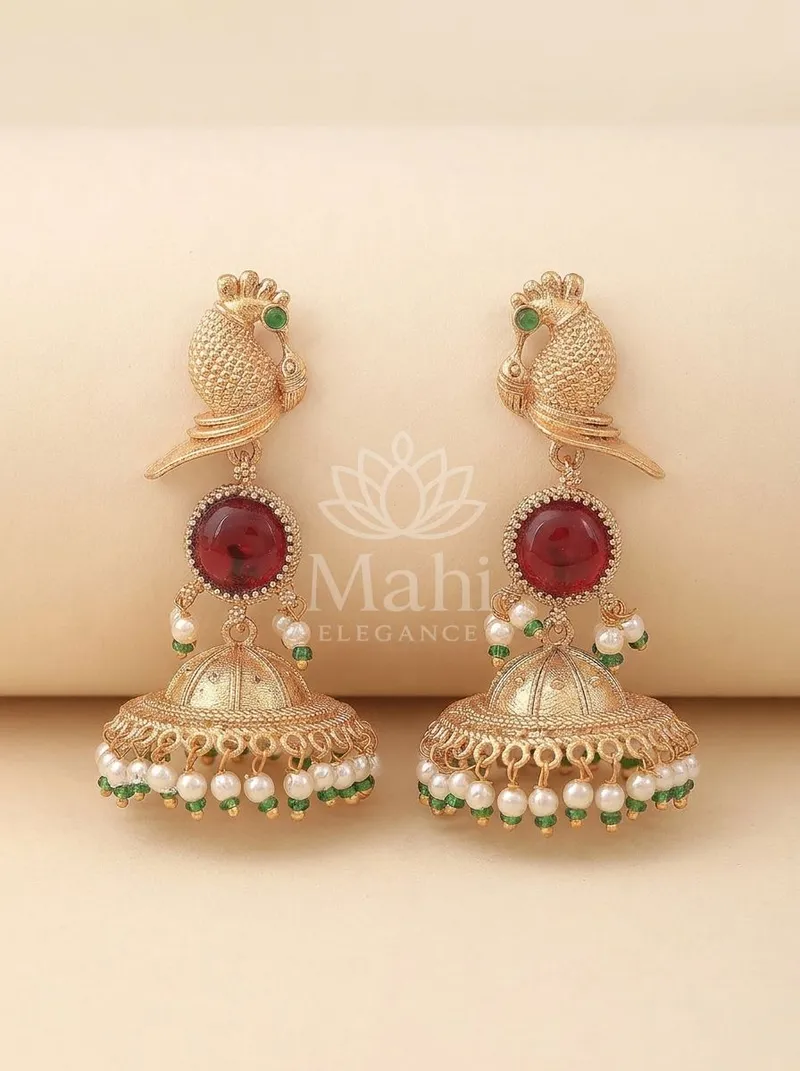 Bird Motif Stone Jhumkas — Brass Earring