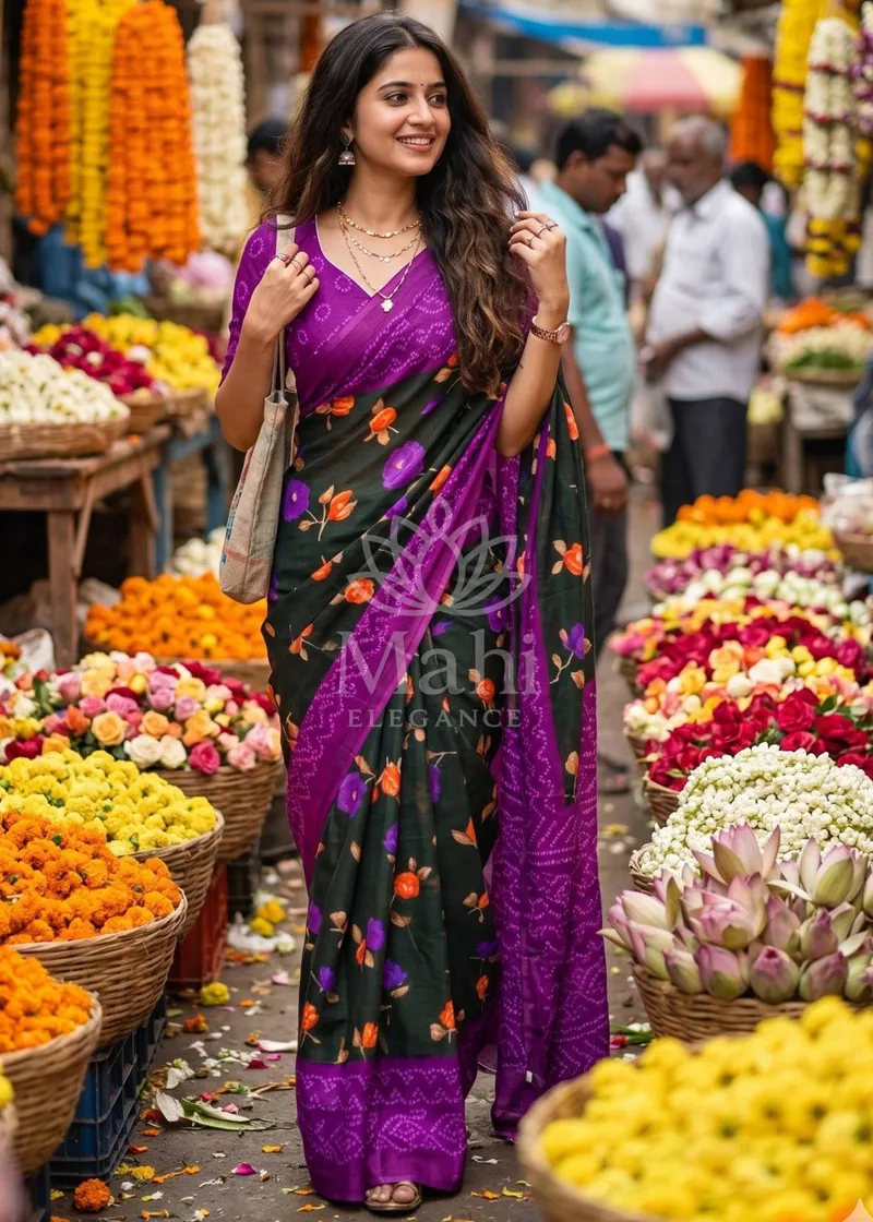 Dark Green Mulmul Cotton Saree, Bandhani Block Print — Cotton