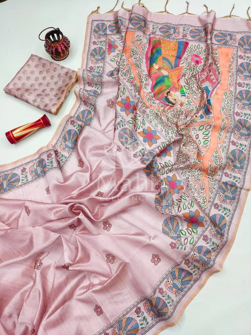 Baby Pink Tussar Silk Saree, Madhubani Print — Tussar