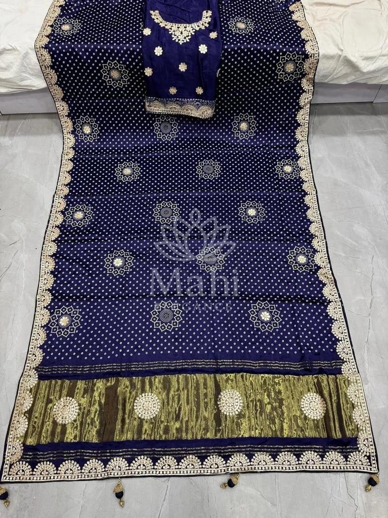 Blue Bandhani Pure Silk Saree, Gota Patti Work — Bandhani