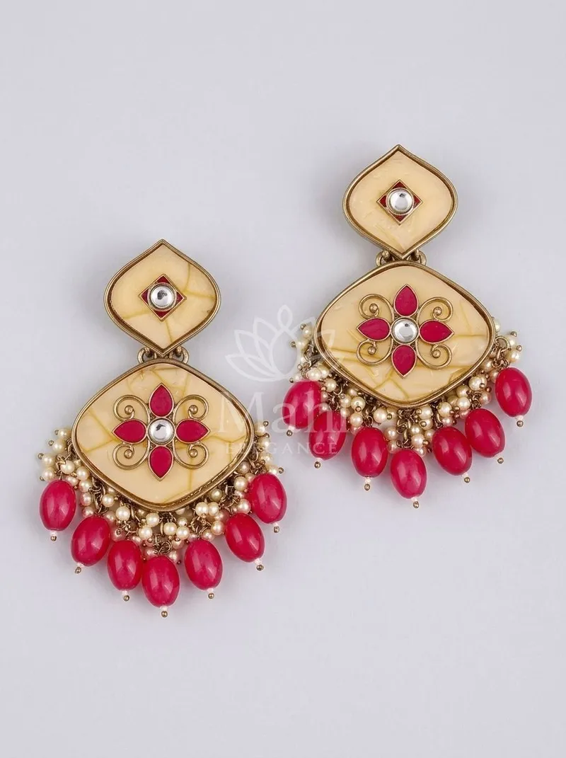 Floral Motif Pearl Danglers — Alloy Earring