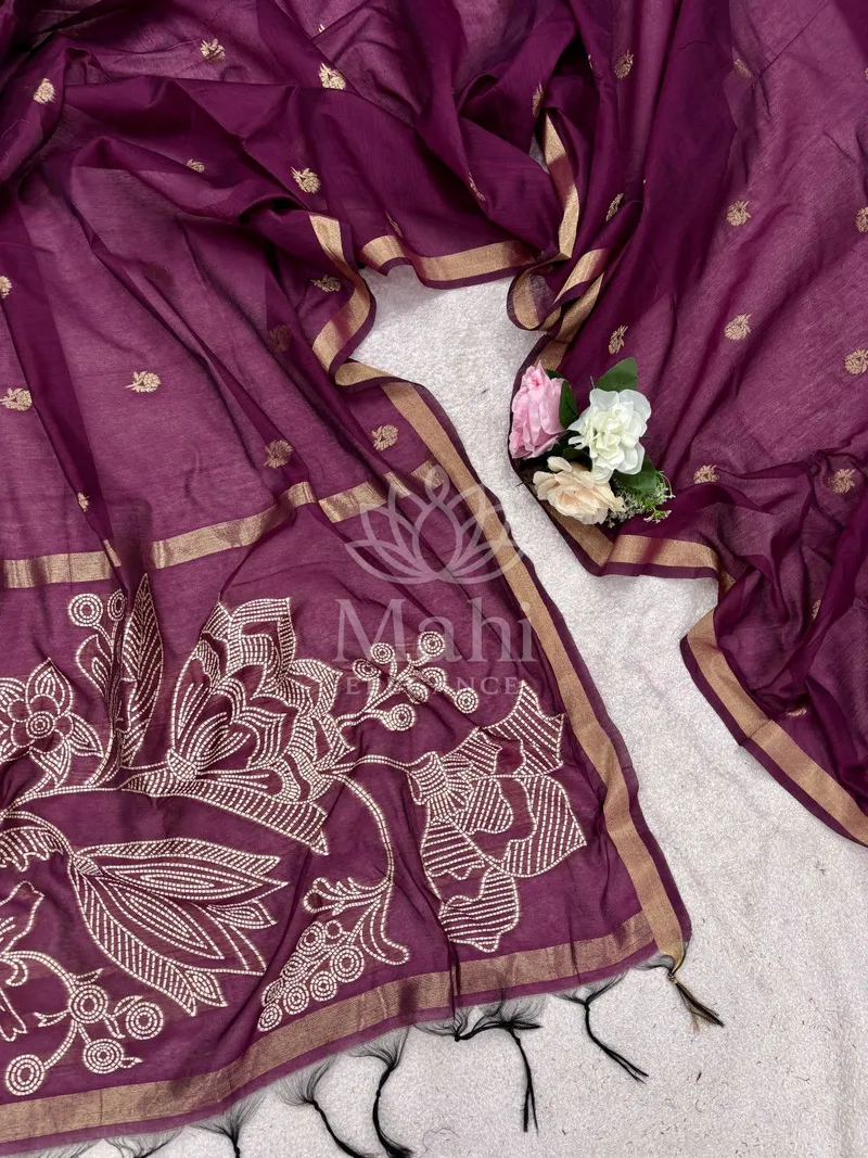 Magenta Muga Cotton Saree, Floral Thread Weave — Muga-Cotton