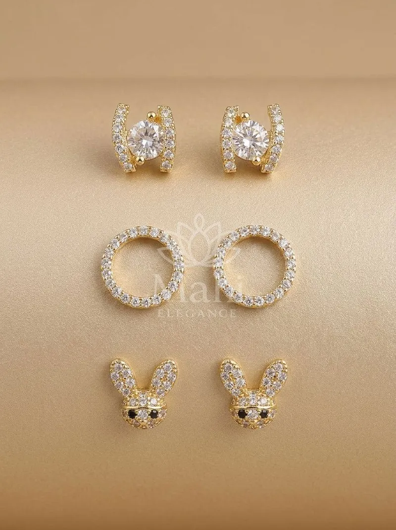 Bunny Circle Cutout Studs Trio — Copper Alloy Earring