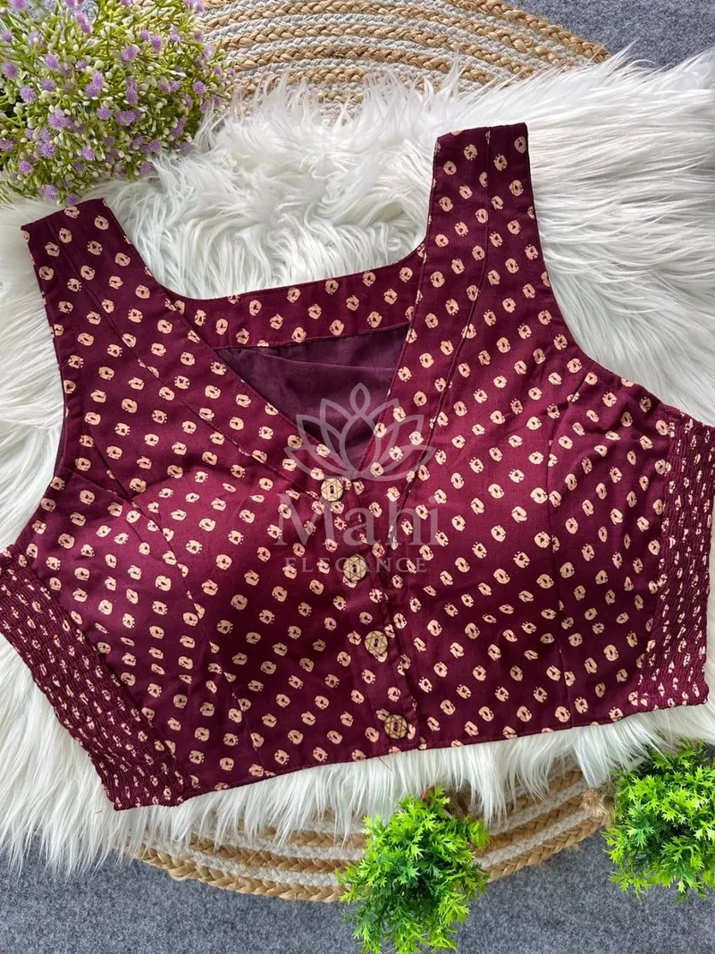 Magenta pink color soft cotton Ready made blouse with bandhani printed work and side elastic attach for fitting — Blouse