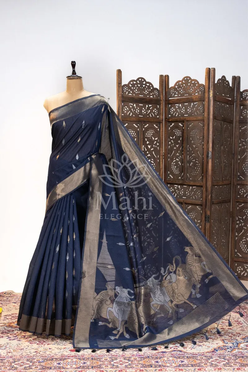 Navy Blue Khadi Raw Silk Saree, Pichwai Zari Weave — Raw Silk