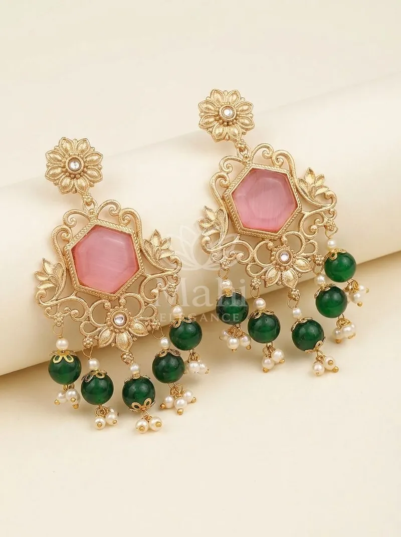 Hexagon Stone Floral Danglers — Brass Earring