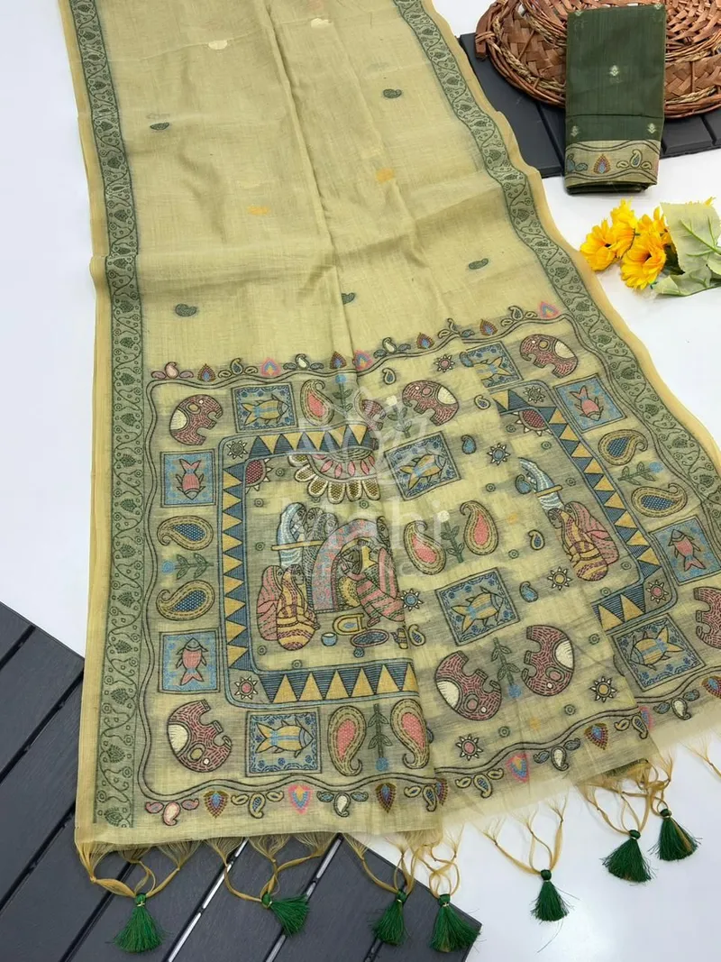 Mahi Pista Green Muga Cotton Saree, Weave — Muga-Cotton