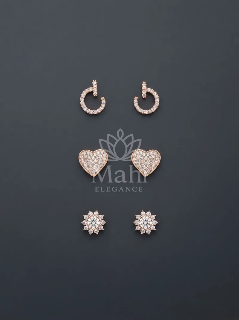 Heart Flower Hoop Studs Set — Copper Alloy Earring