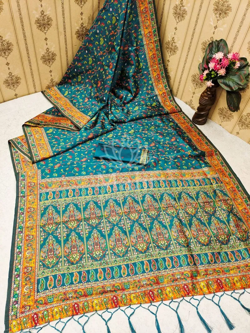 Rama Green Pashmina Silk Saree, Weave — Pashmina