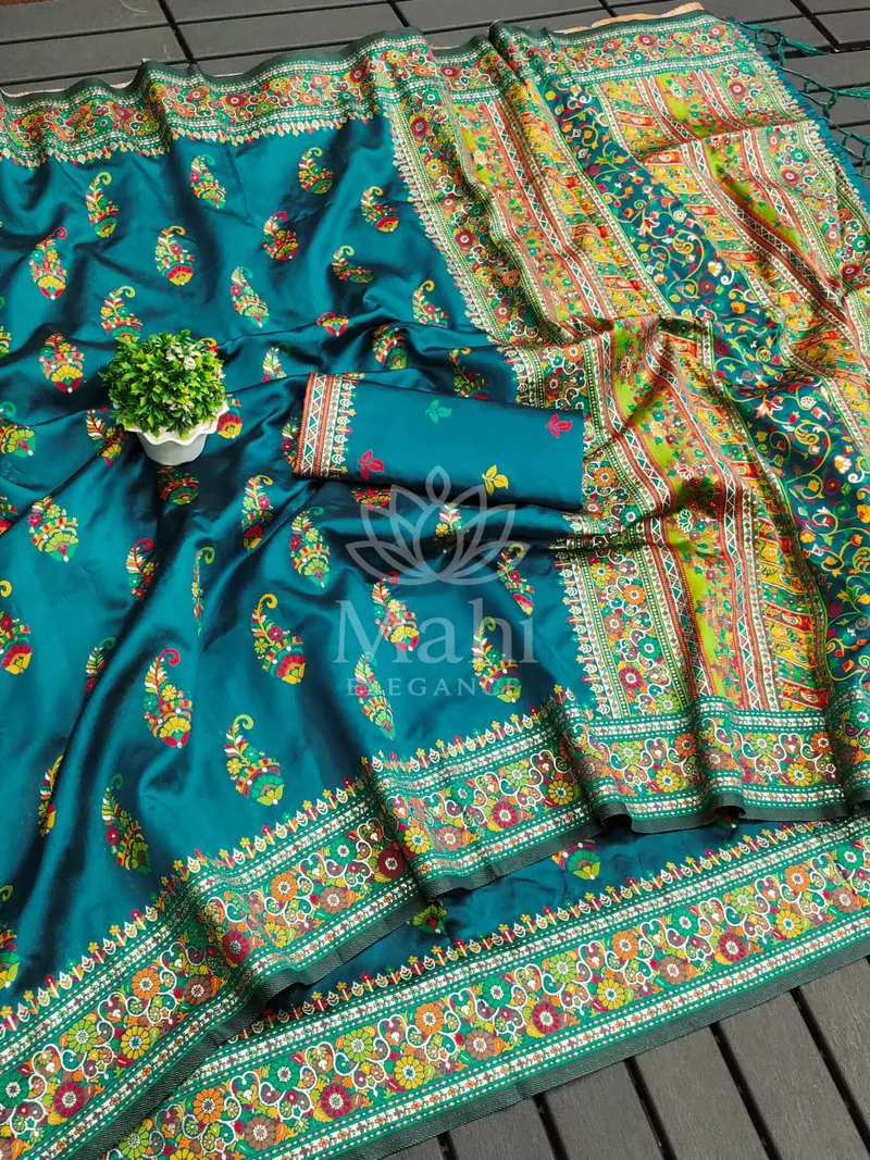 Rama Green Pashmina Silk Saree, Meenakari Weave — Pashmina