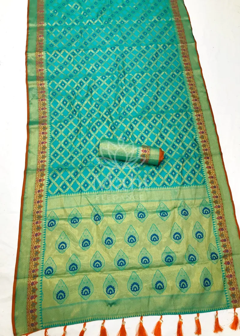 Rama Green Patola Silk Saree, Zari Weave — Patola