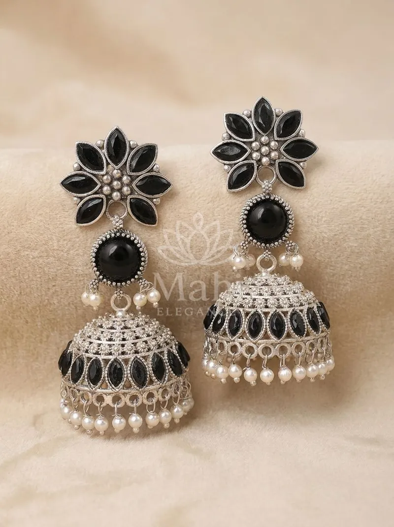 Floral Stone Dome Jhumkas With Pearls — Brass Earring