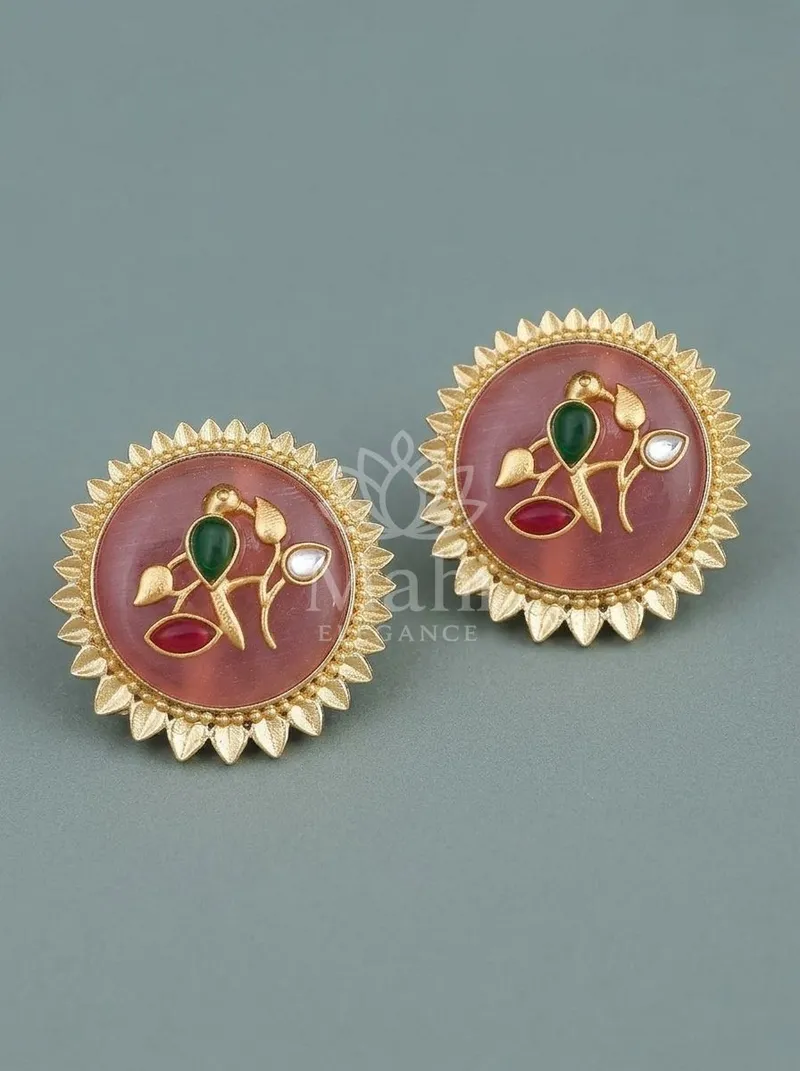 Sunburst Bird Motif Studs — Brass Earring
