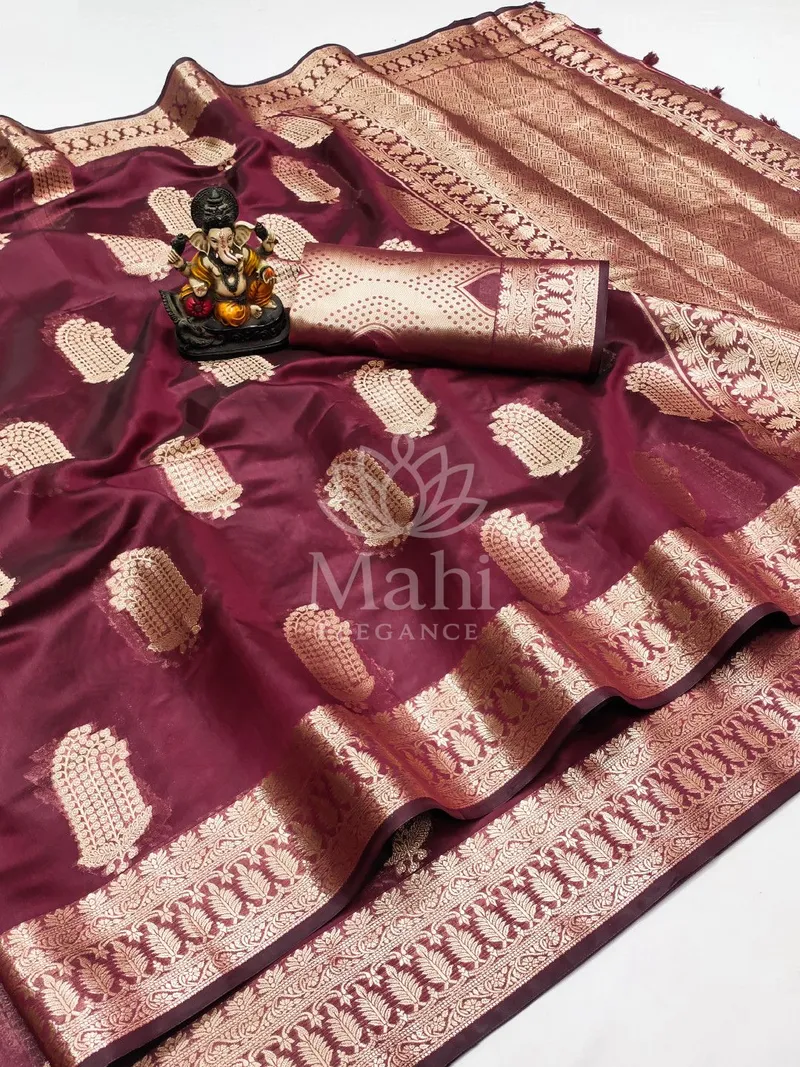 Maroon Organza Saree, Zari Weave — Organza