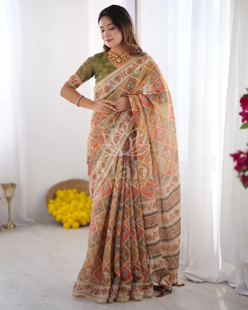 Multi Linen Cotton Saree, Kalamkari Digital Print — Cotton