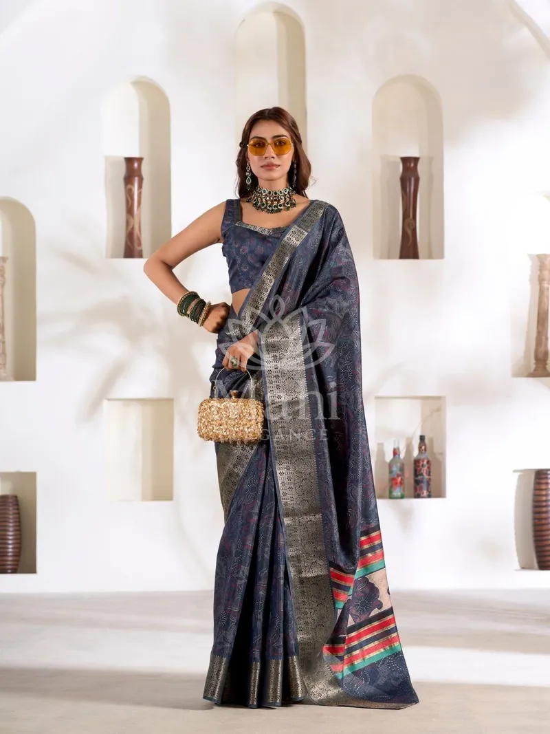 Blue Dola Silk Saree, Foil Digital Print Zari Border — Dola