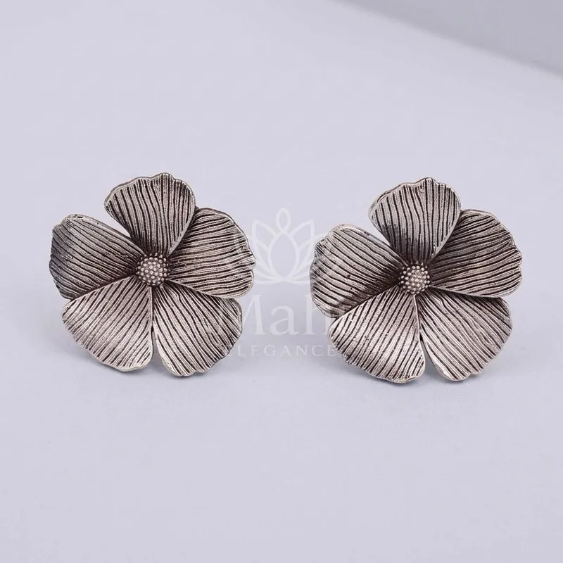 Ridged Petal Flower Studs — Brass Earring