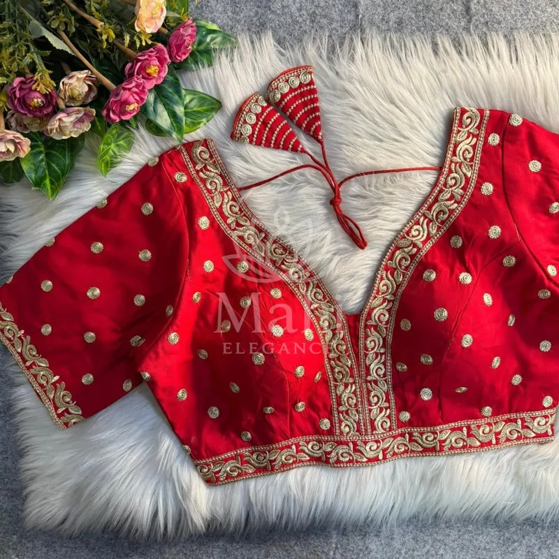 Red color heavy roman silk readymade blouse with embroidery work — Blouse