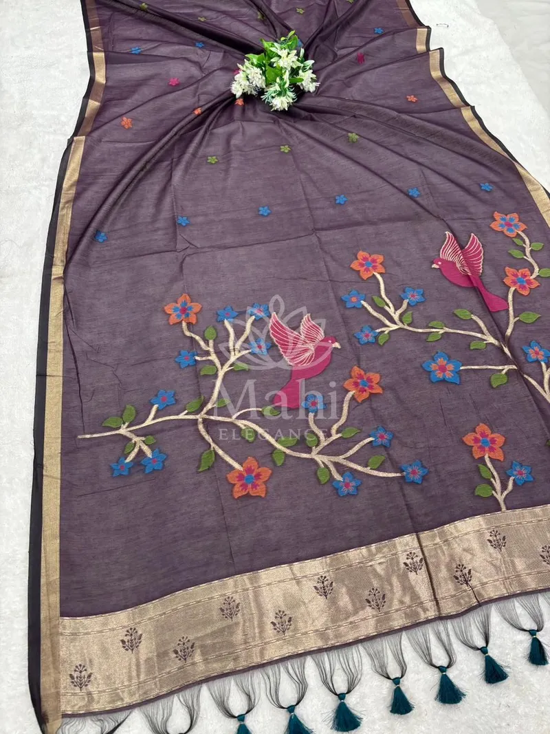 Wine Muga Cotton Saree, Meenakari Weave — Muga-Cotton