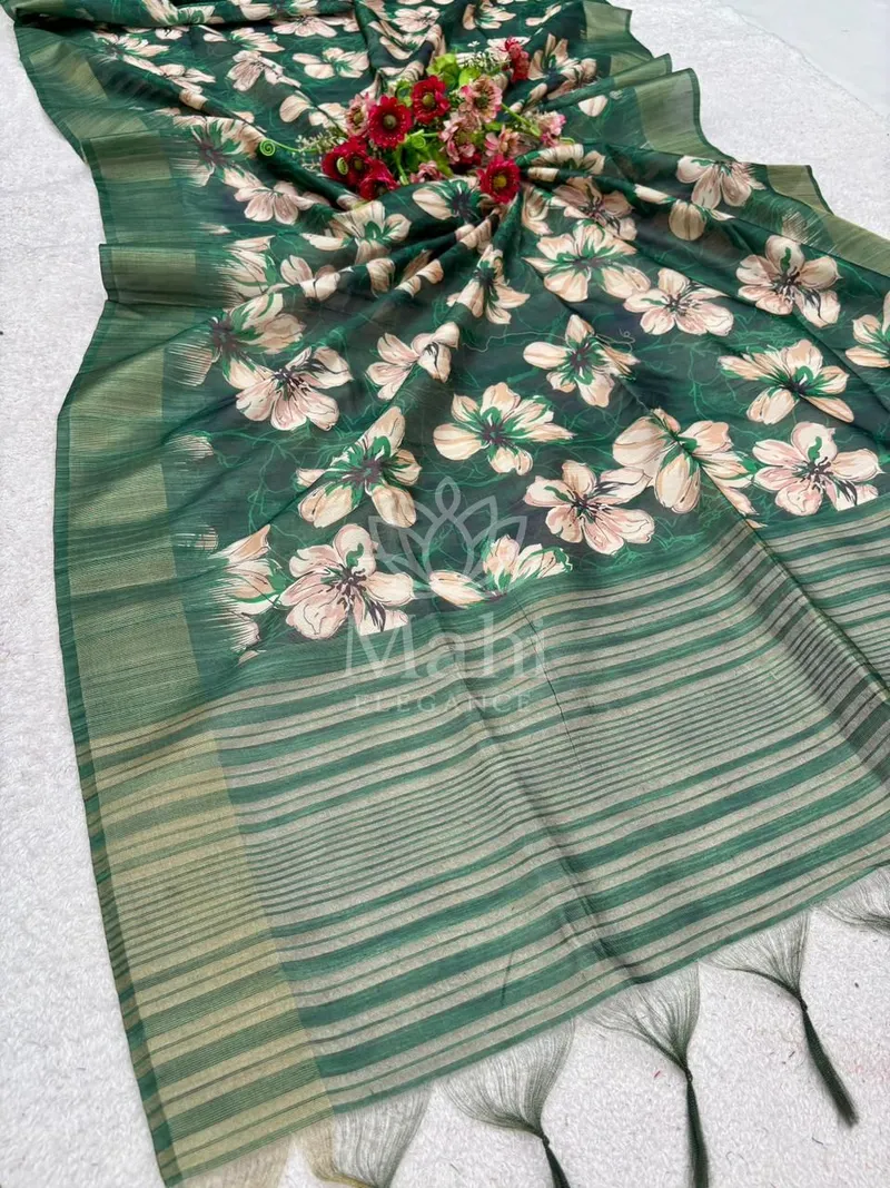 Green Tussar Silk Saree, Digital Print & Zari Weave — Tussar