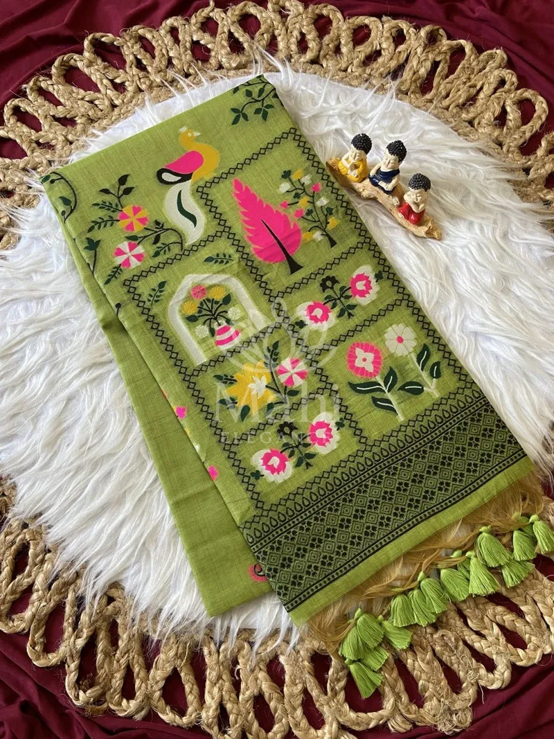 Green Muga Cotton Saree, Jamdani Weave with Peacock Pallu — Muga-Cotton