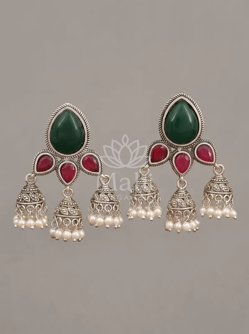 Triple Jhumki Stone Cluster Danglers — Brass Earring