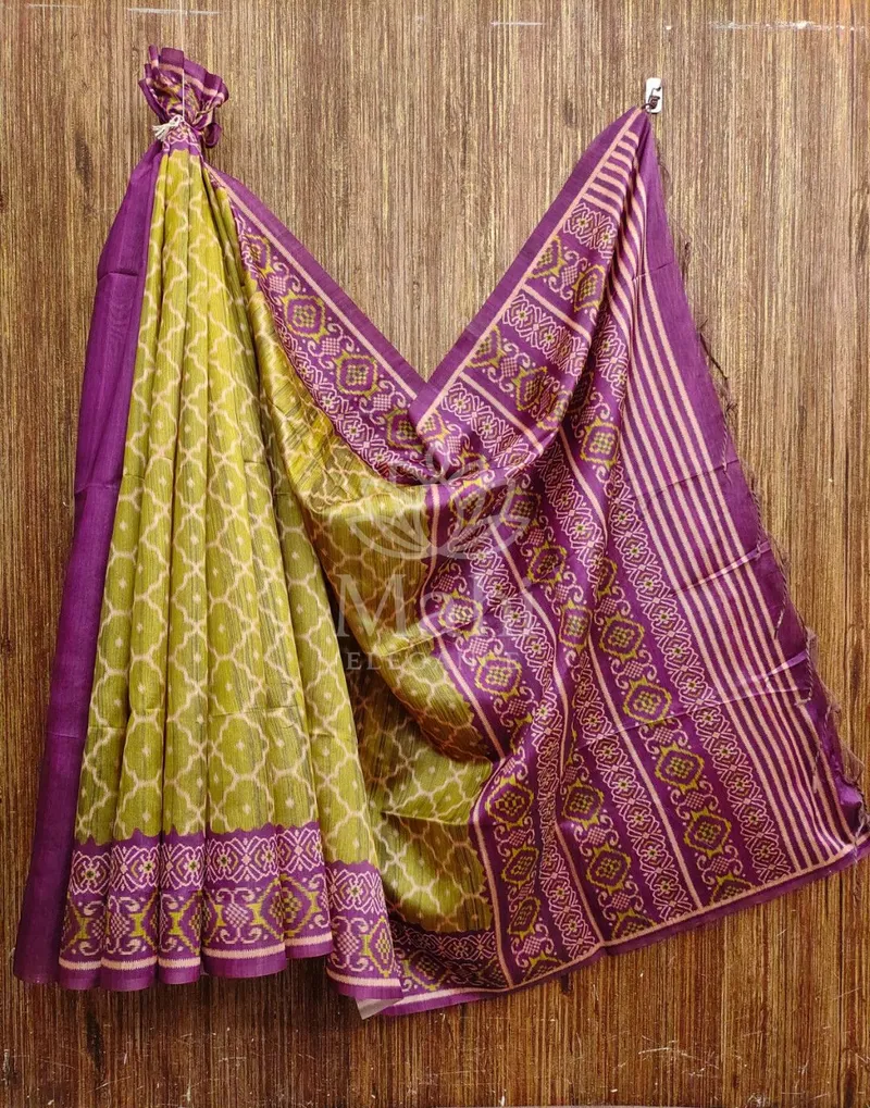 Mahendi Green Tussar Silk Saree, Ikkat Patola Print — Patola