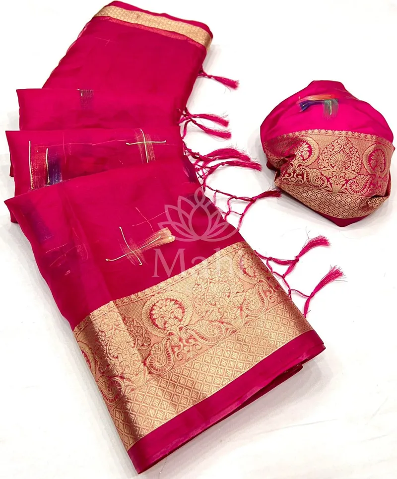 Rani Pink Organza Saree, Digital Print — Organza
