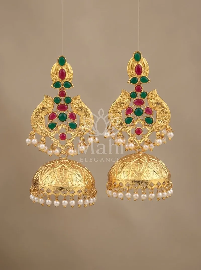 Carved Dome Stone Jhumkas — Brass Earring