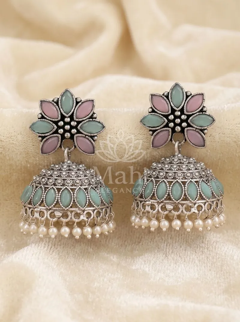 Floral Stone Domed Pearl Jhumkas — Brass Earring