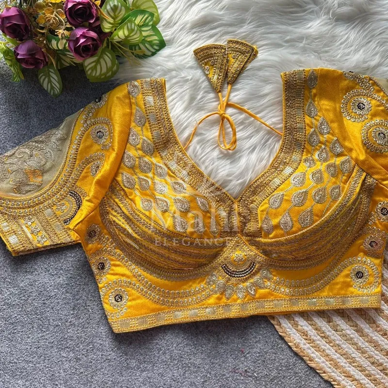 Yellow color heavy soft roman silk blouse with golden embroidery work — Blouse