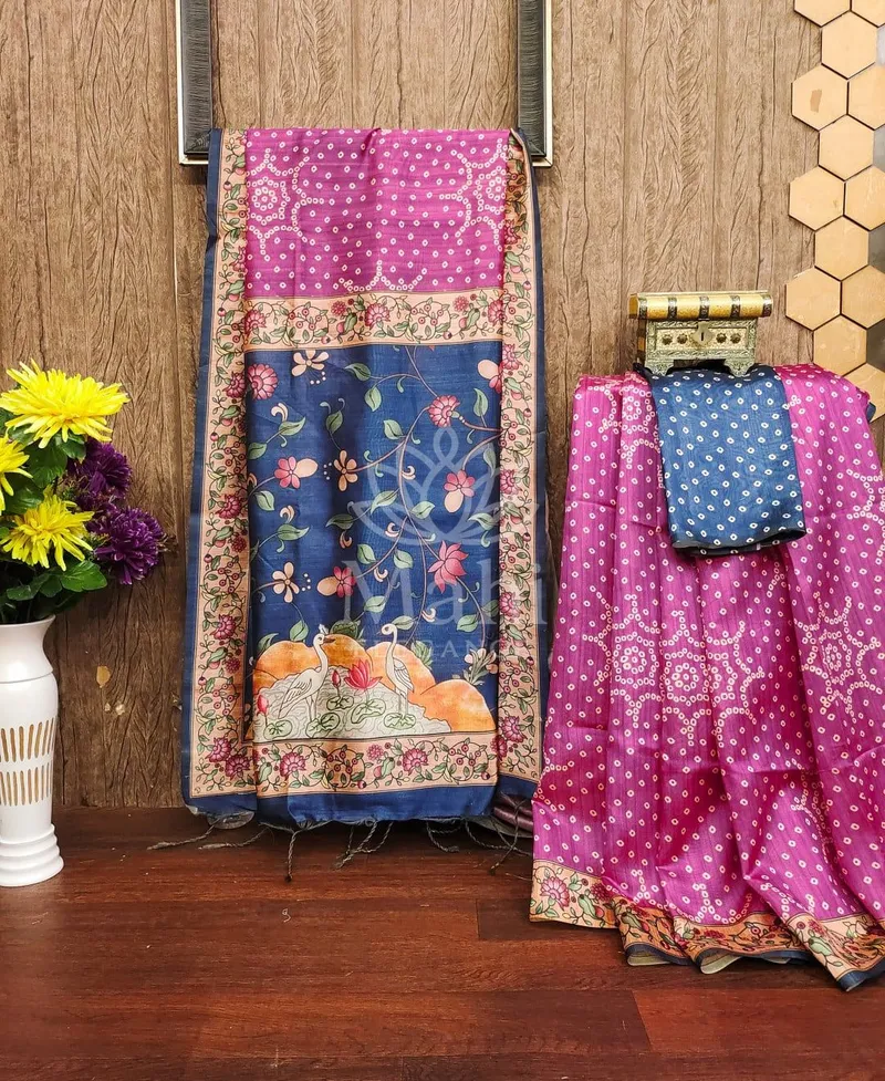 Rani Pink Raw Silk Saree, Bandhani & Kalamkari Print — Bandhani