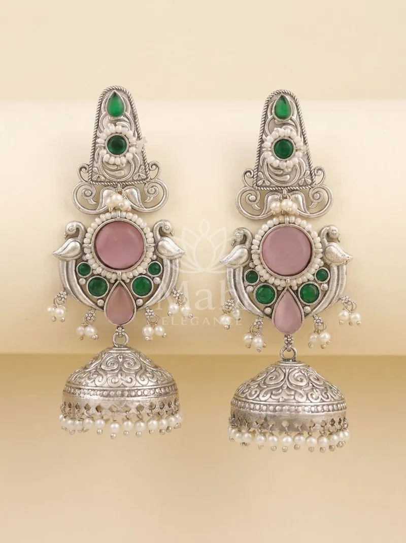 Peacock Motif Oxidised Jhumkas — Brass Earring