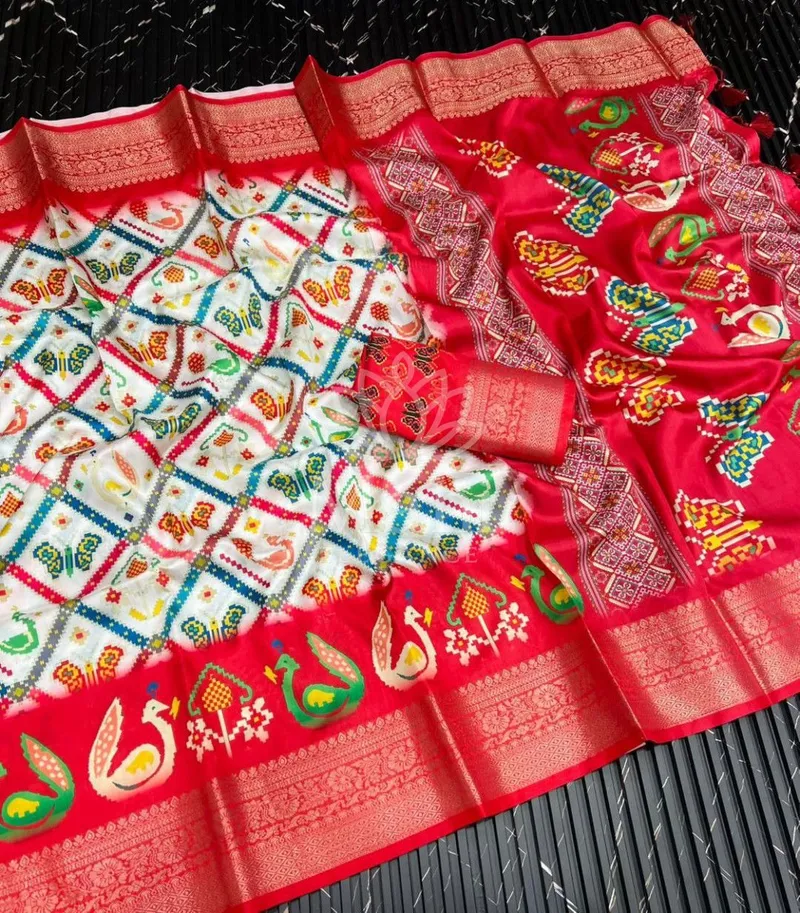 White Lichi Silk Saree, Ikkat Patola Print — Patola