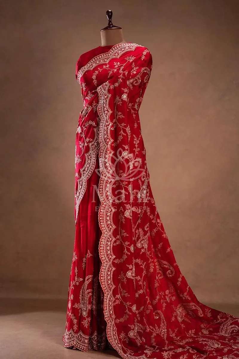 Red Organza Silk Saree, Sequin Embroidery with Cutting Border — Organza