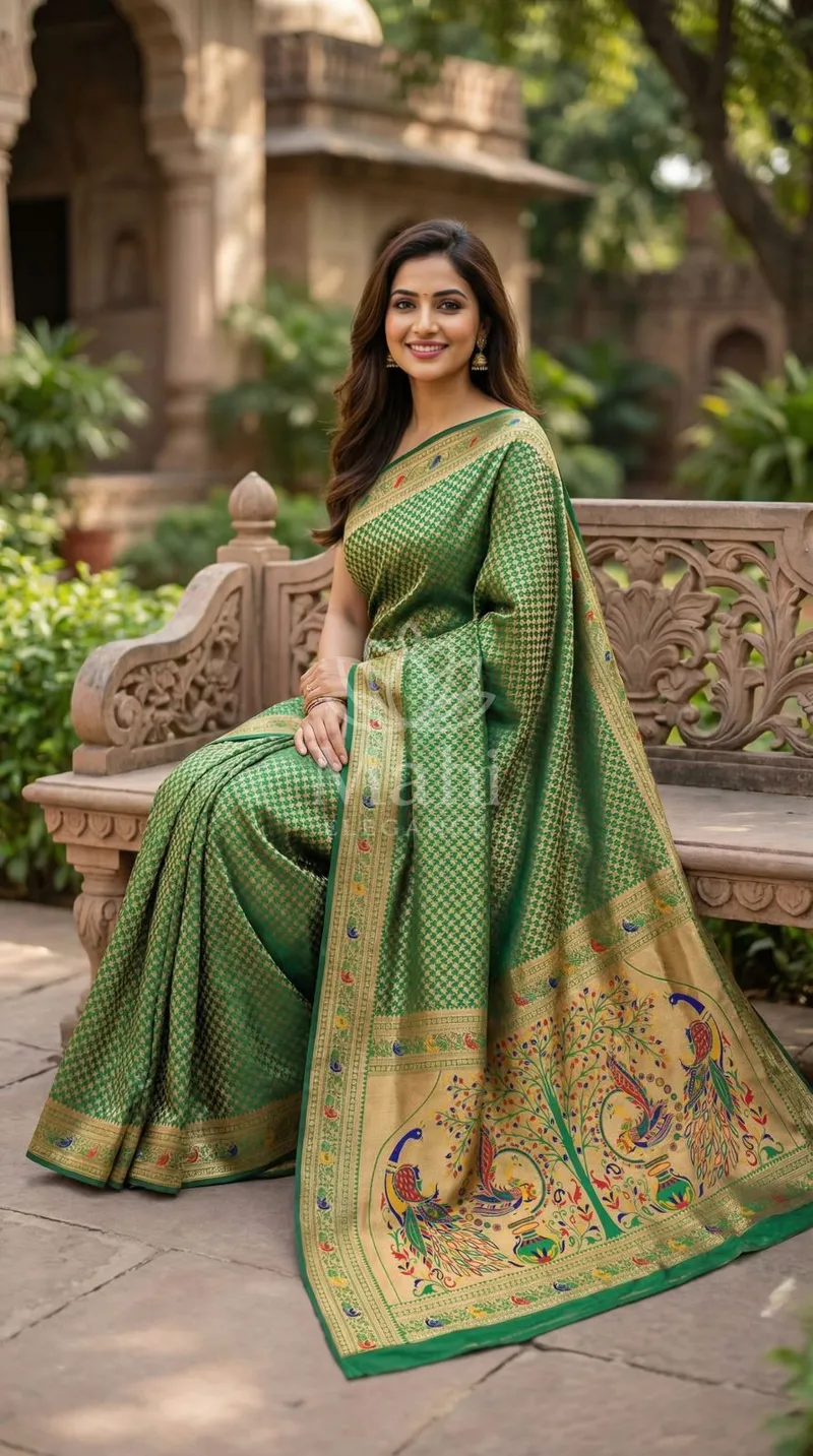 Meera Green Paithani Silk Saree, Zari Weave — Paithani