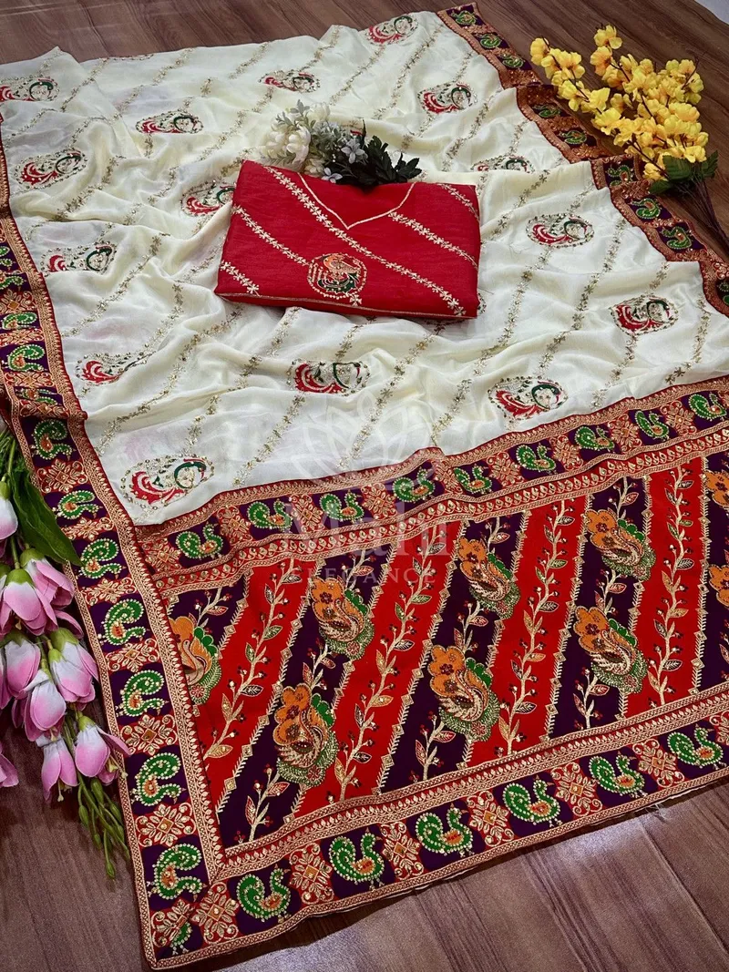 White Dola Silk Saree, Embroidery & Diamond Work — Dola