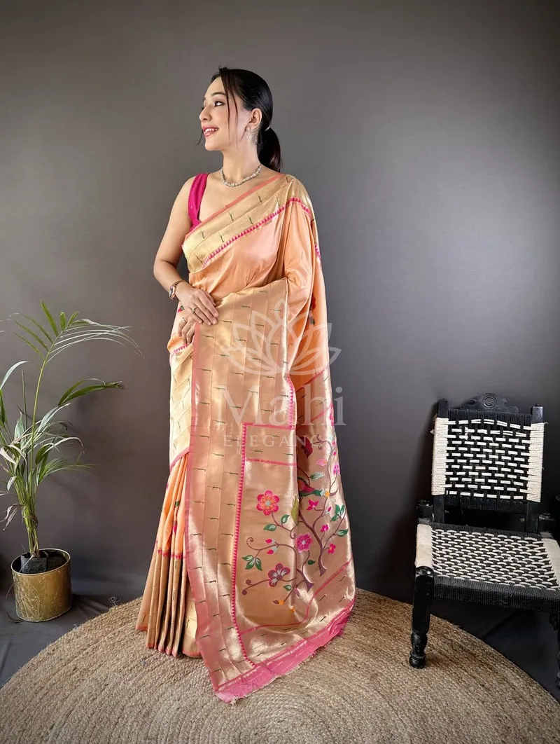 Tara Peach Paithani Silk Saree, Zari Weave — Paithani