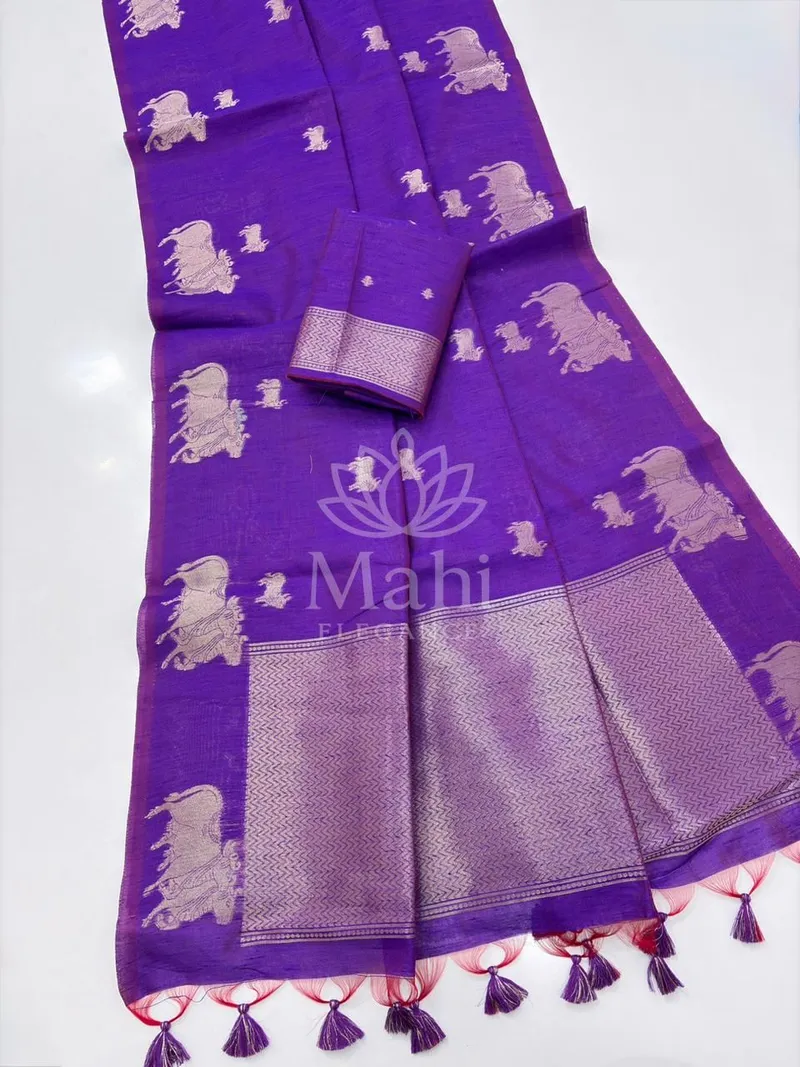 Purple Khadi Raw Silk Saree, Cow Weaving Border — Raw Silk