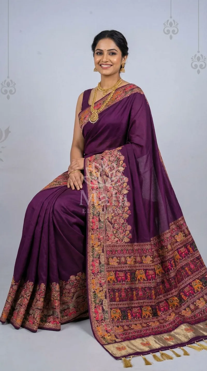 Magenta Pashmina Silk Saree, Rajwadi Weave with Lagdi Patta Pallu — Pashmina