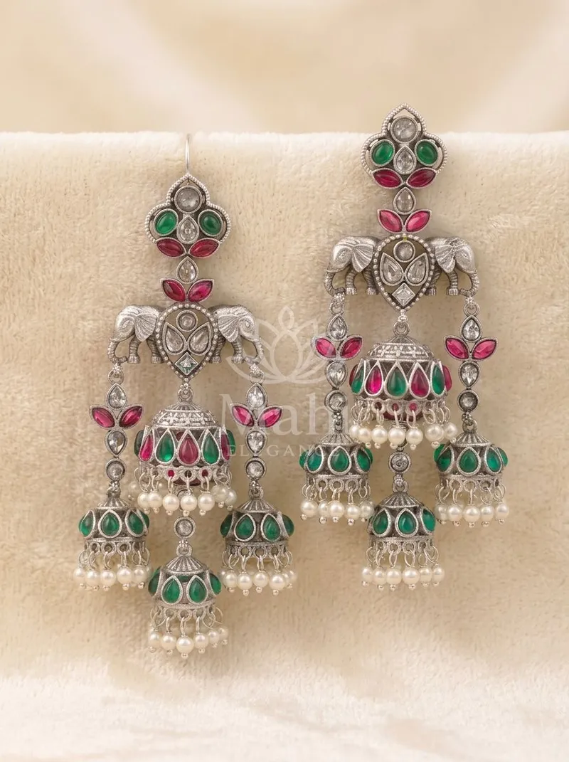 Twin Elephant Triple Tiered Jhumkas — Brass Earring