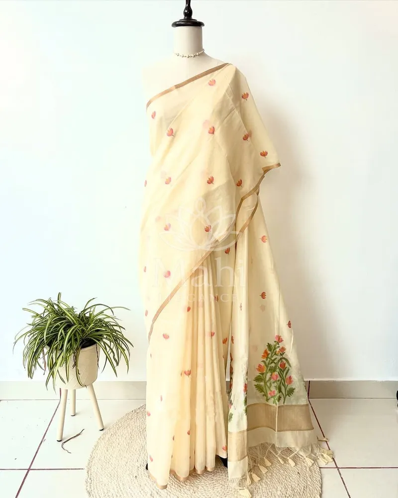 Beige Muga Cotton Saree, Resham Weave & Tassels — Muga-Cotton