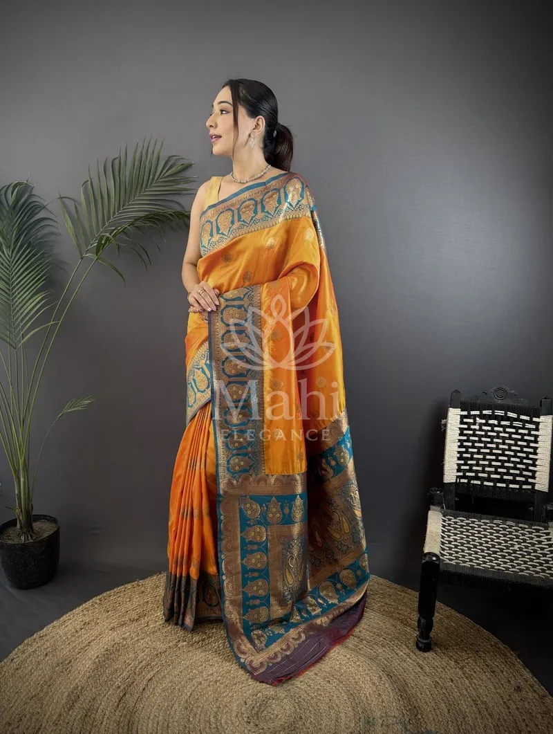Meera Orange Banarasi Silk Saree, Zari Weave — Banarasi