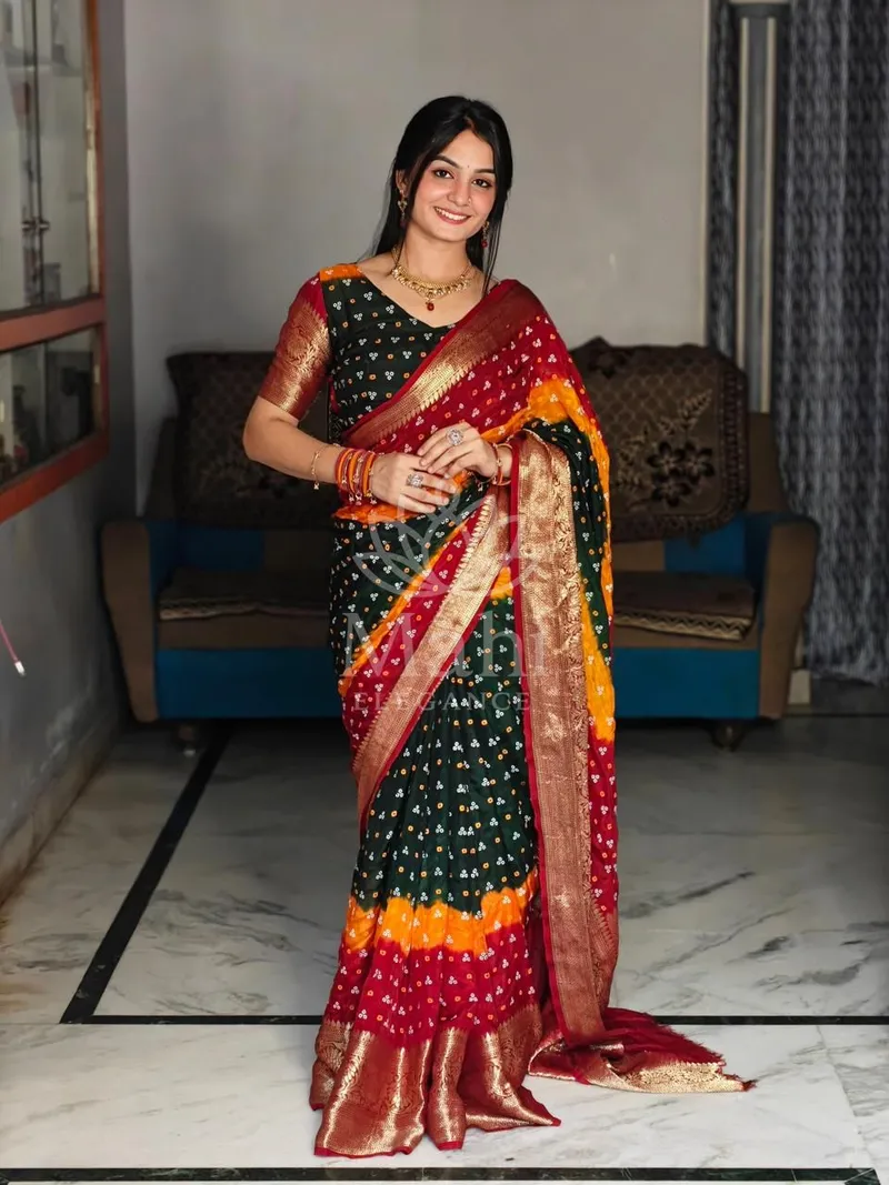 Multi Kanchipuram Bandhej Silk Saree, Hand Dyed Print — Kanchipuram