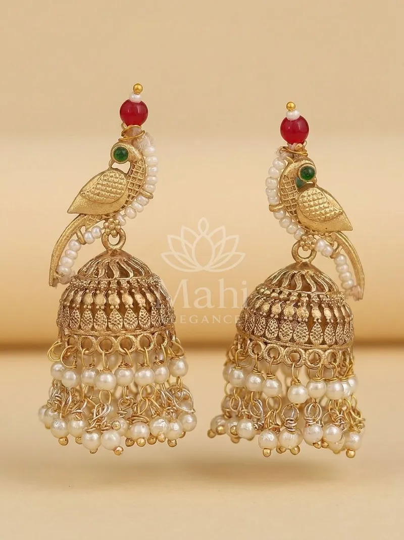 Perched Parrot Pearl Jhumkas — Brass Earring