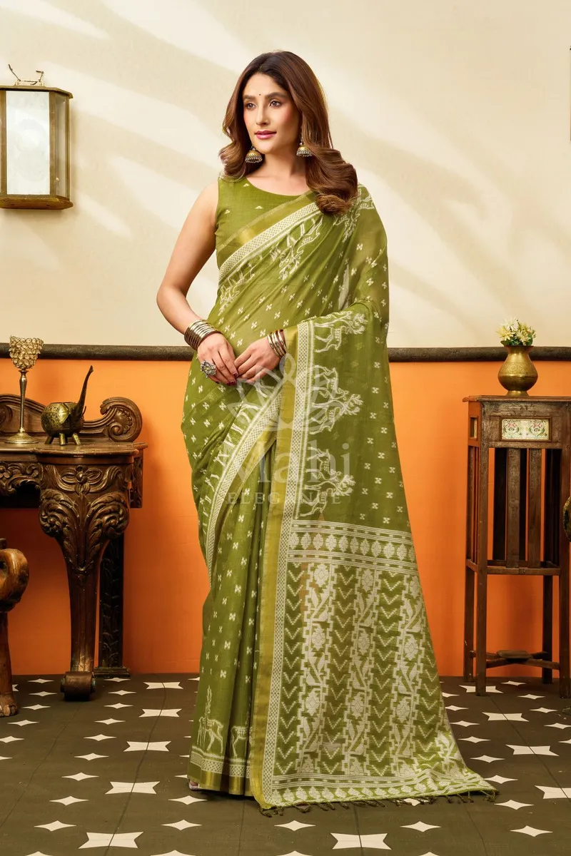 Mehndi Green Cotton Saree, Jamdani Weave — Cotton