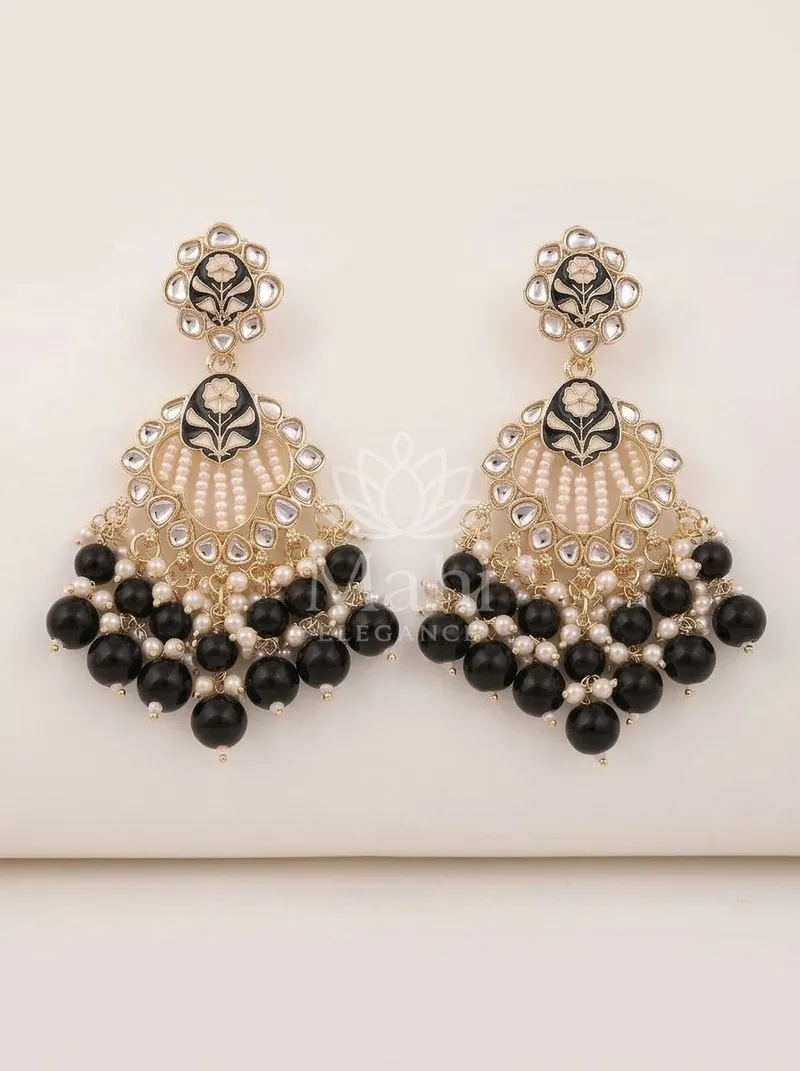 Enamel Floral Beaded Chandbali Danglers — Alloy Earring