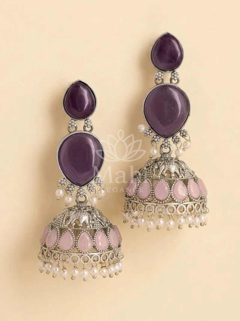 Oxidised Elephant Stone Jhumkas — Brass Earring