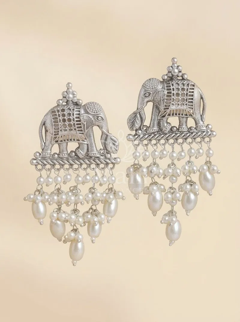 Elephant Motif Pearl Danglers — Brass Earring