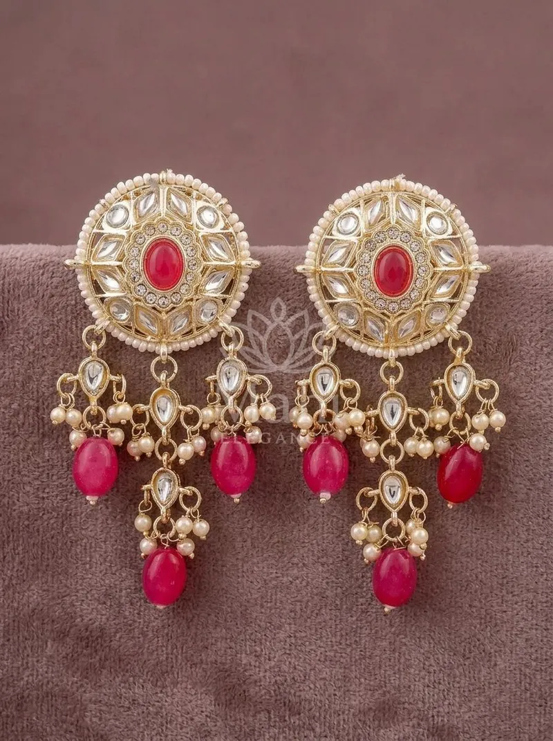Pearl Edged Stone Drop Danglers — Alloy Earring